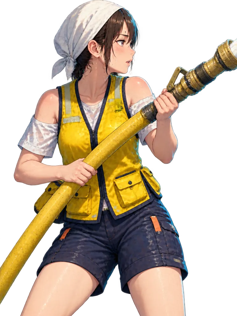 Hinata memegang selang kuning bernosel kuningan dengan dua tangan, rambut basah keluar dari handuk, menatap ke kanan.