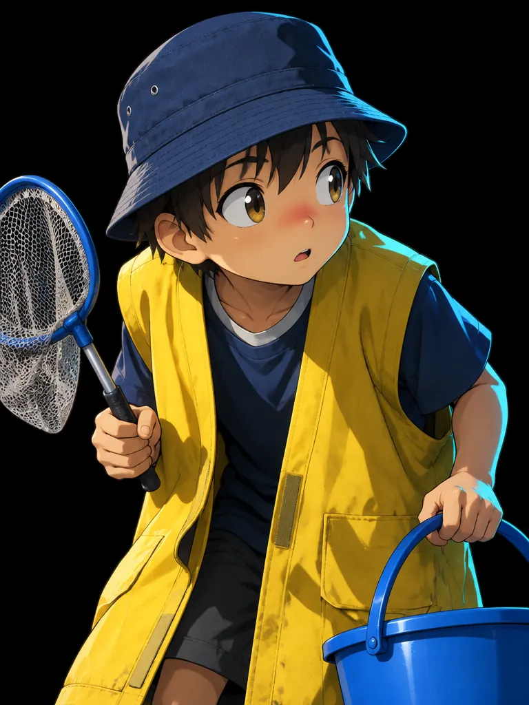 Kenji, anak laki-laki dengan rompi kuning kebesaran dan topi navy, berjongkok membawa jaring dan ember biru.